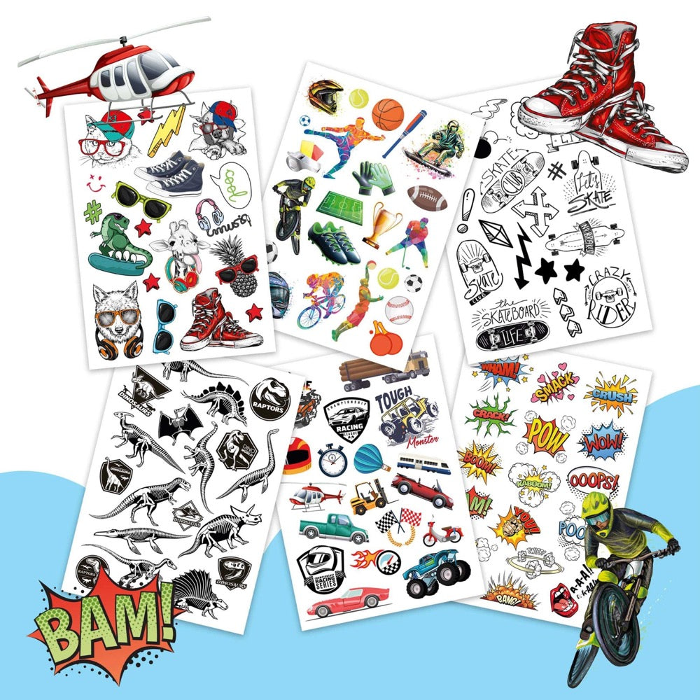 Planche de 100 tattoos temporaires - style au choix N&B, métallisés ou colorés