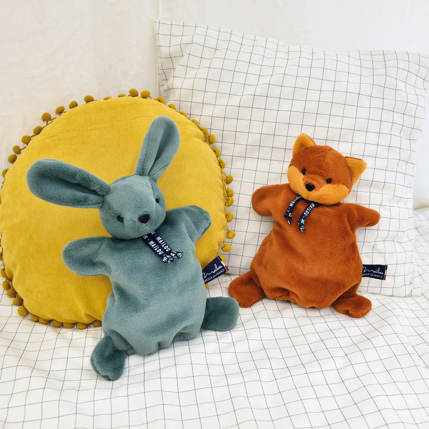 Green Rabbit Puppet Doudou - Made in Brittany