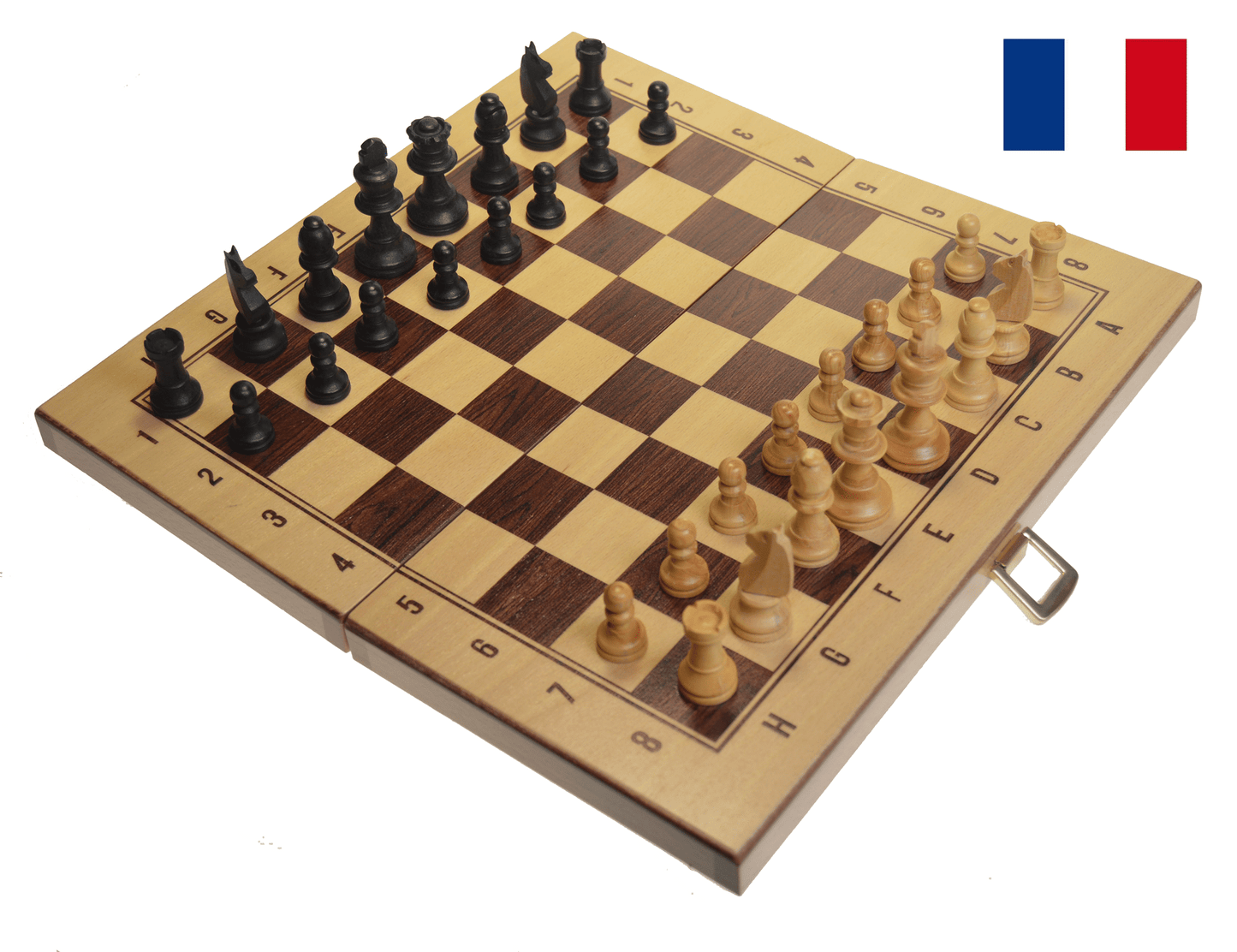 Jeu d'échecs dans son coffret pliable en bois - Fabriqué dans le Jura