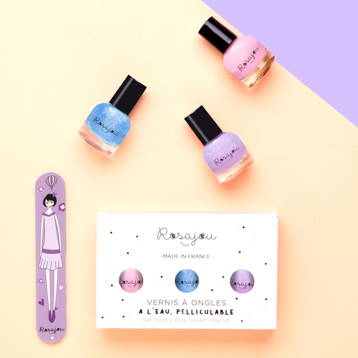 Box of 3 nail polishes and nail file for children - choice of shades