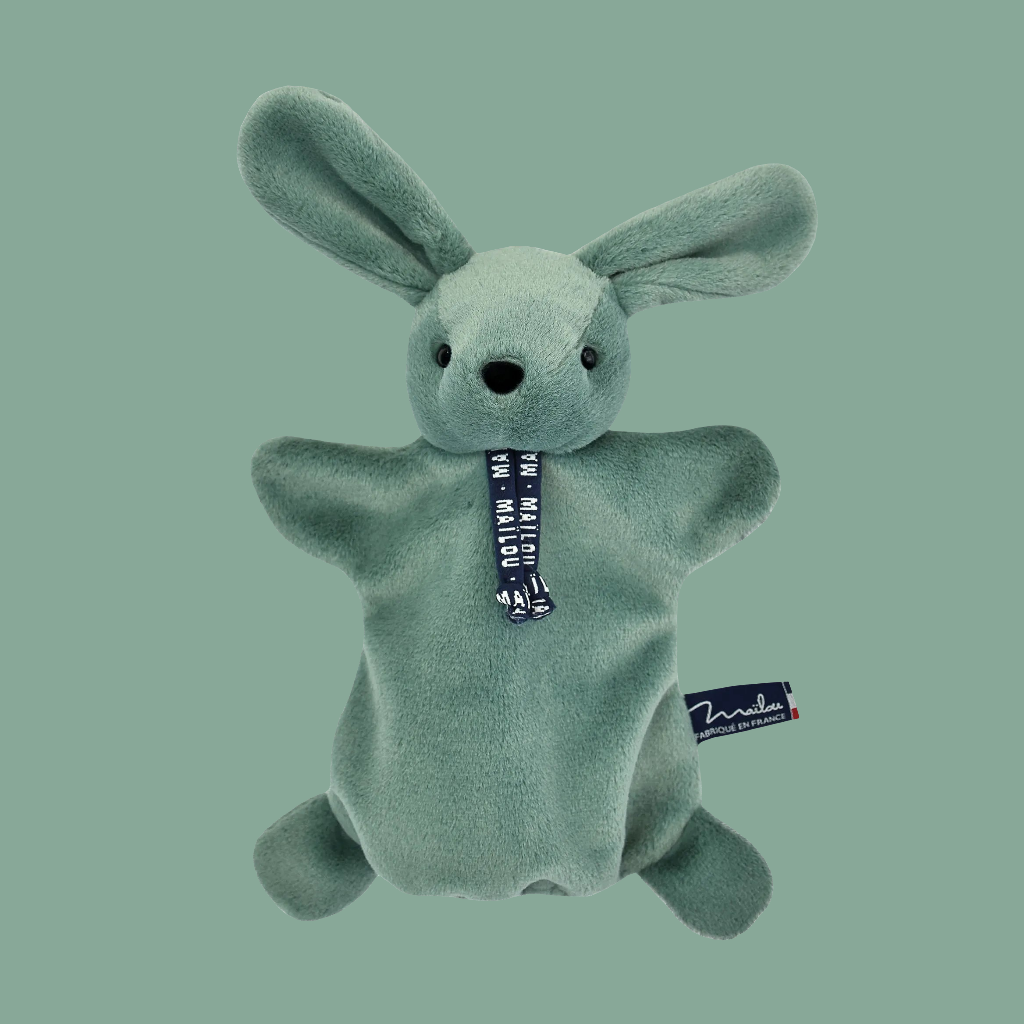 Doudou marionnette Lapin vert sauge - Origine Bretagne