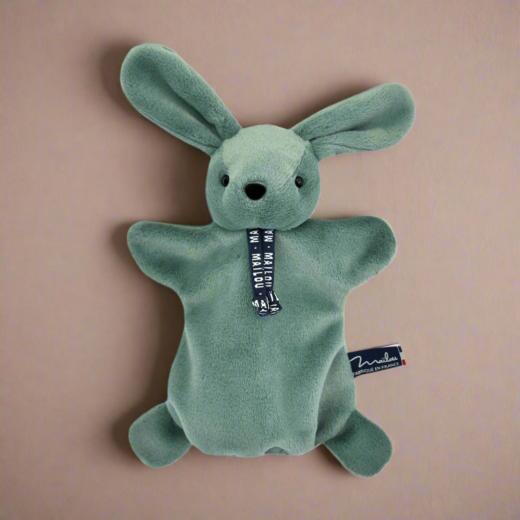 Doudou marionnette Lapin vert sauge - Origine Bretagne