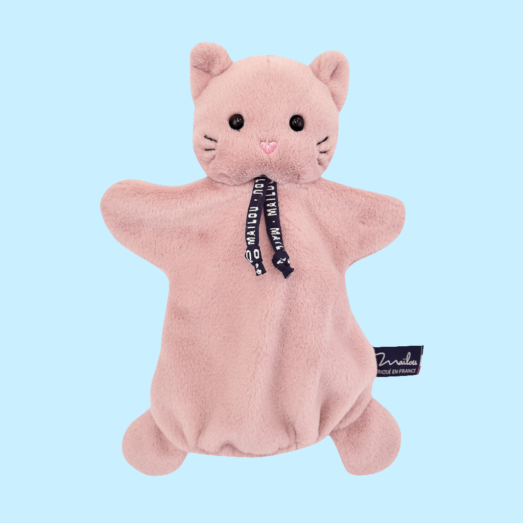 Doudou marionnette Chat rose tout doux - Origine Bretagne