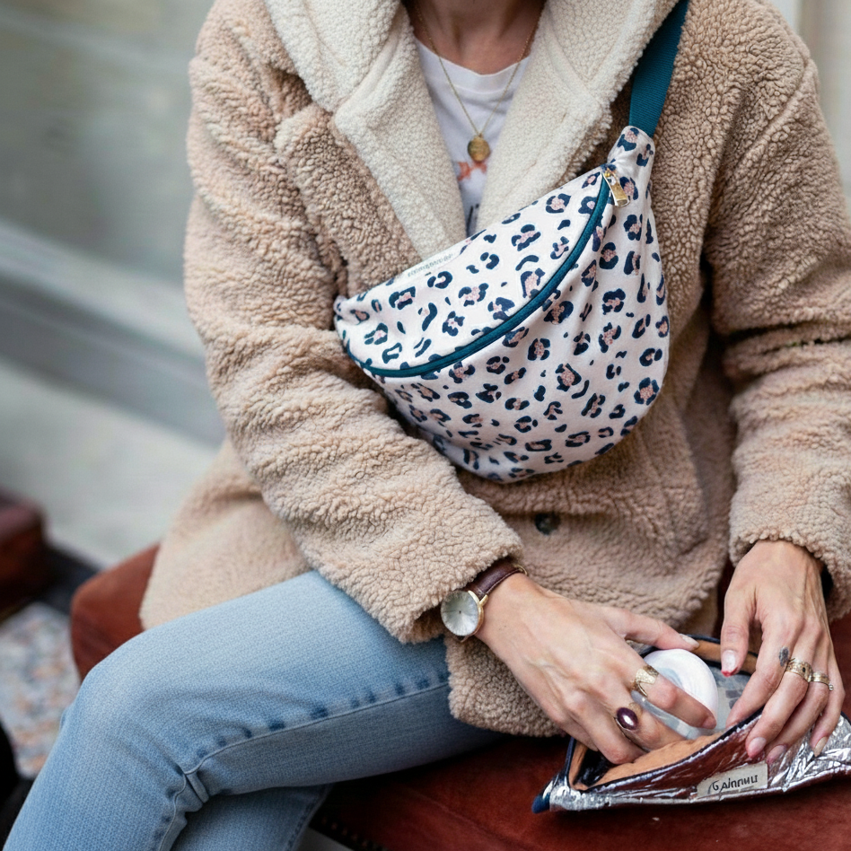 photo de la banane à langer léopard portée par une maman en sortie avec bébé