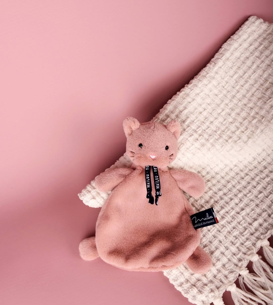 doudou plat chat rose fabriqué en France