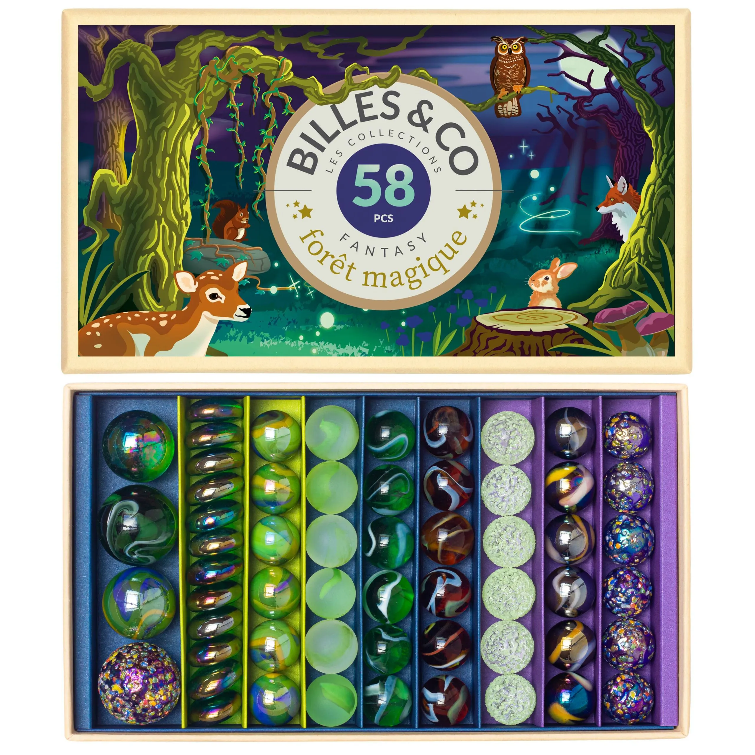 Coffret de 58 billes de collection Forêt magique - Billes & Co