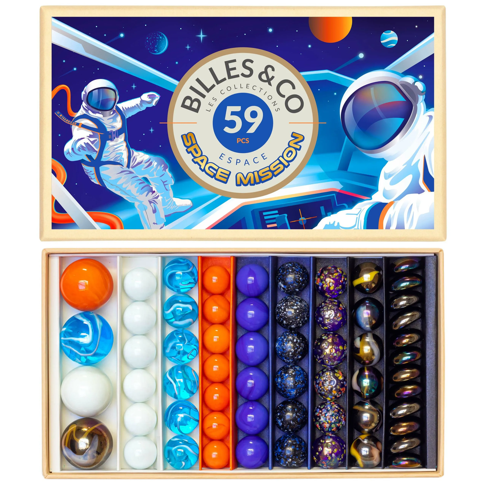 Box of 59 Space Mission collectible marbles - Billes &amp; Co